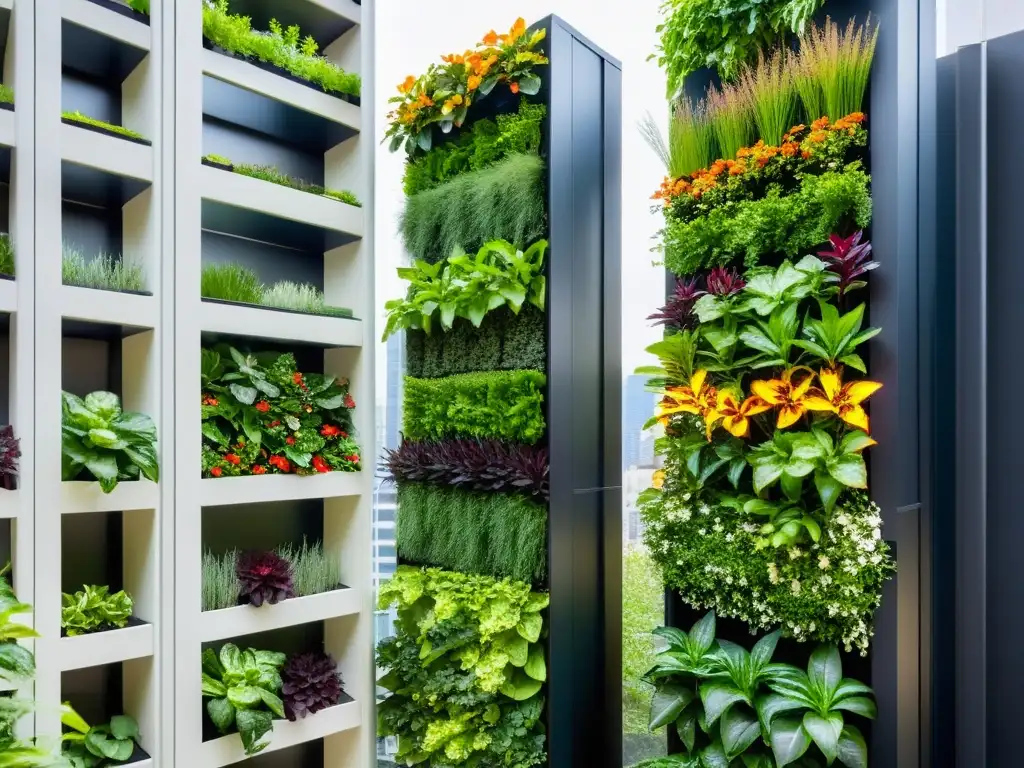 Un jardín vertical integrando huertos verticales en espacios urbanos, rebosante de plantas exuberantes y coloridas, contrastando con el entorno urbano