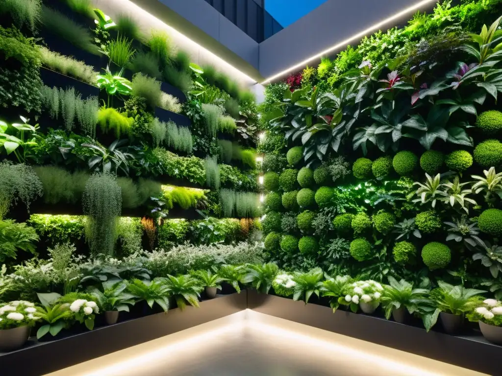 Un jardín vertical iluminado por luces LED solares, creando una atmósfera futurista y sostenible