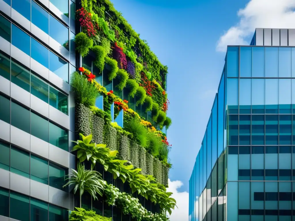 Un jardín vertical impresionante en un rascacielos urbano, con plantas exuberantes y flores coloridas