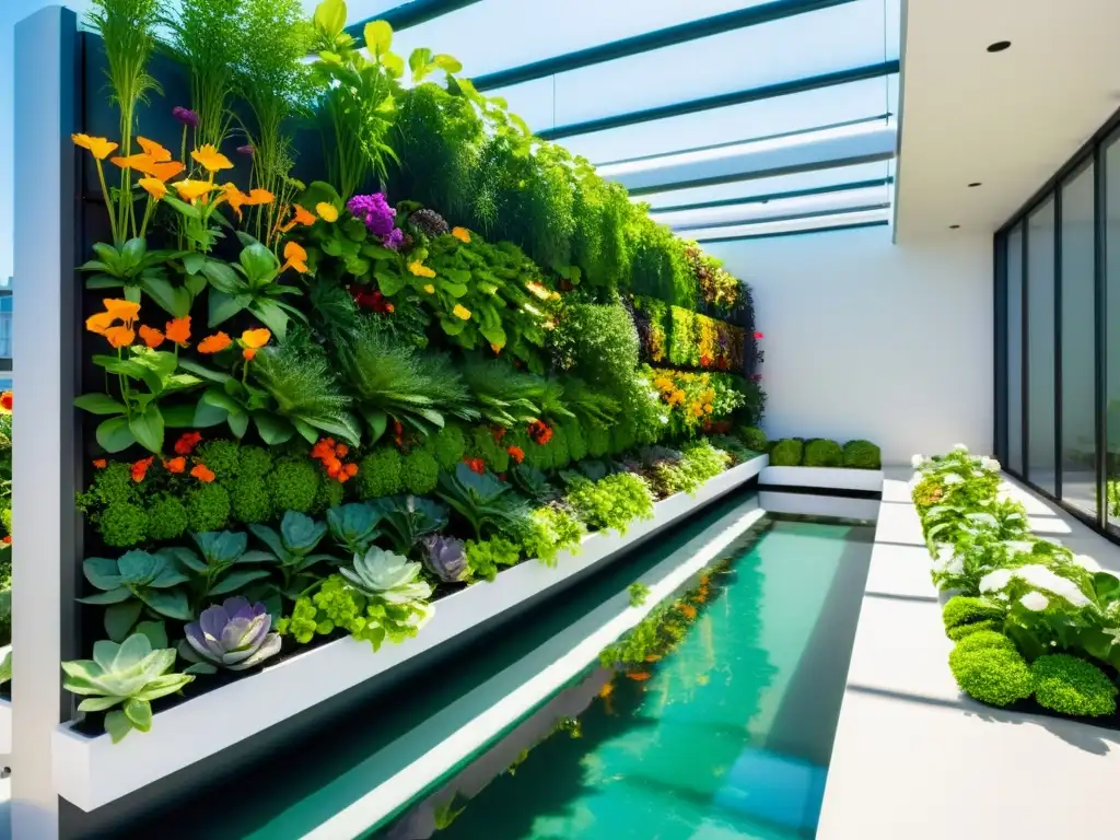 Un jardín vertical innovador con huertos verticales en azoteas, plantas exuberantes y flores coloridas, bañado por la luz solar