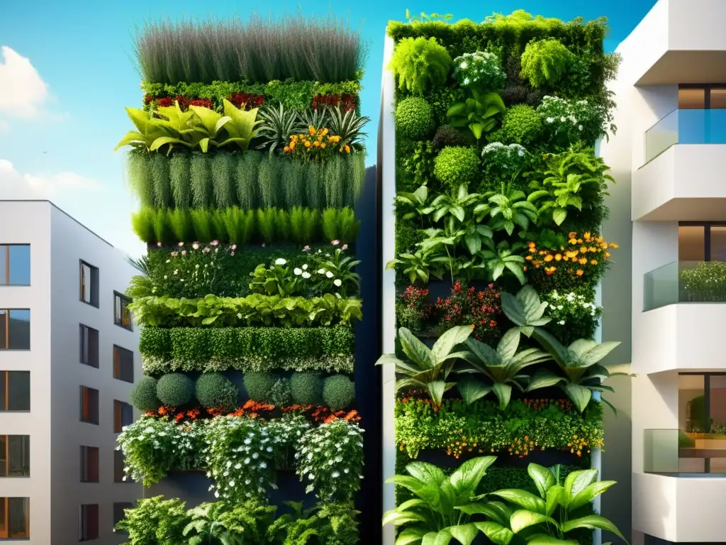 Un jardín vertical innovador y vibrante en una ciudad africana, mostrando el impacto de los huertos urbanos