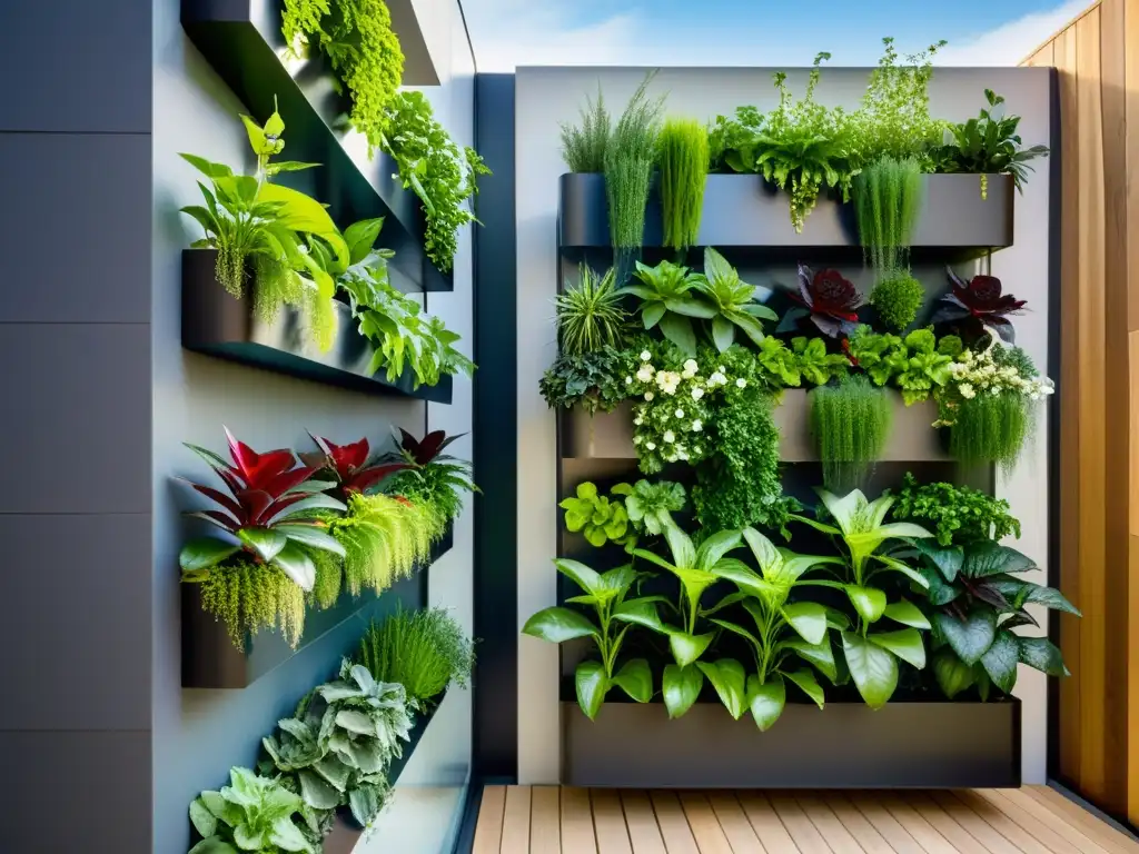 Un jardín vertical innovador y vibrante en un entorno urbano, representando la agricultura urbana inclusiva en la comunidad marginada