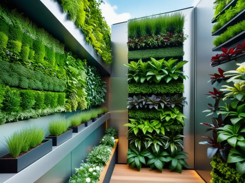Un jardín vertical inteligente y automatizado en un entorno urbano moderno, con plantas exuberantes y diseño innovador