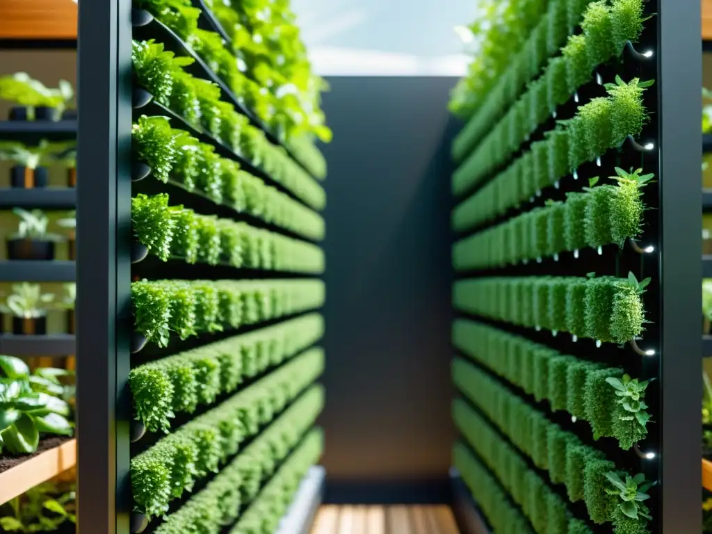Un jardín vertical inteligente automatizado con exuberante vegetación en un diseño futurista y sofisticado, bañado en luz natural