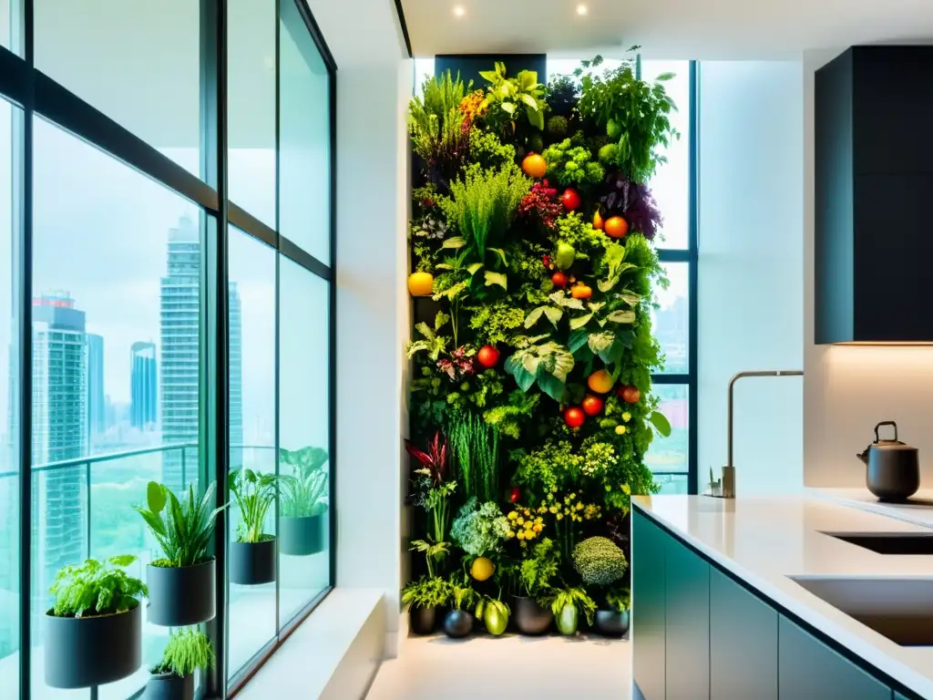 Un jardín vertical interior cuidadosamente diseñado en un elegante apartamento, irradiando una sensación de agricultura urbana y modernidad