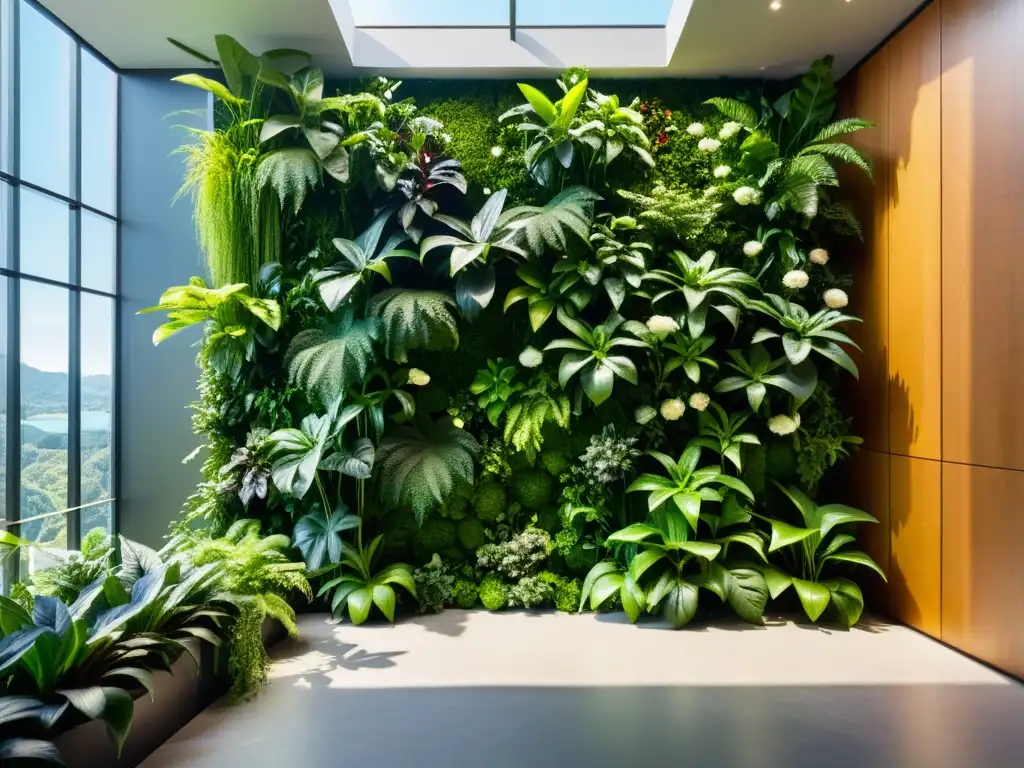 Jardín vertical interior exuberante, iluminado por luz natural, crea atmósfera serena
