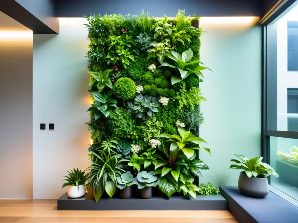 Instalación jardín vertical interior con exuberante vegetación, diseño moderno y ambiente calmante en interiores contemporáneos