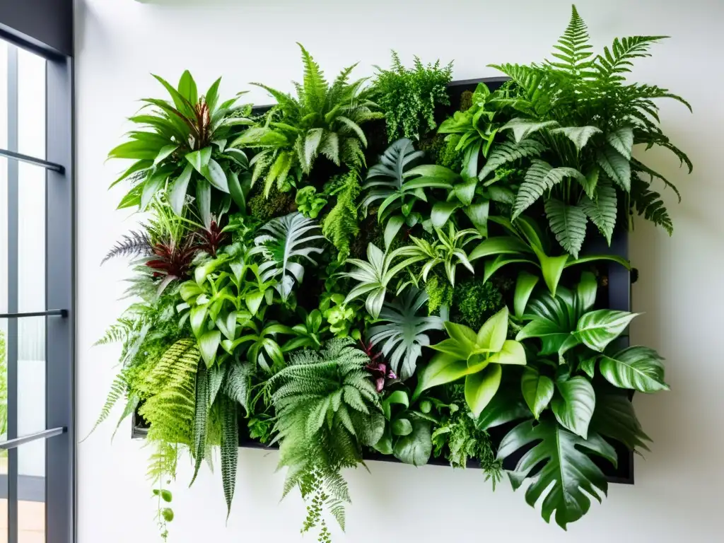 Instalación jardín vertical interior con exuberante variedad de plantas cascada en una pared moderna blanca