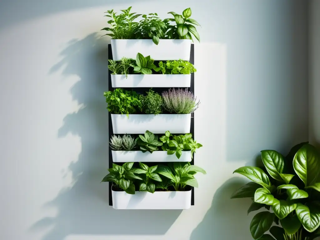 Un jardín vertical interior con hierbas aromáticas como albahaca, tomillo y menta, cultivando en su esencia la tranquilidad