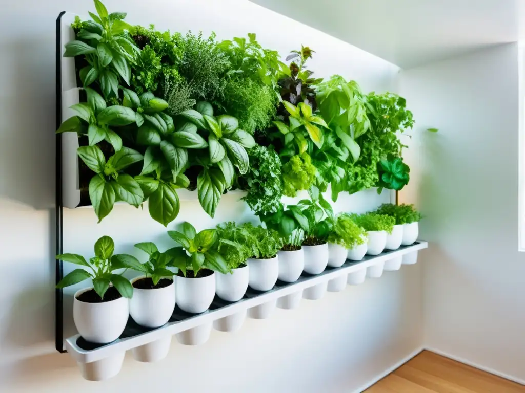 Un jardín vertical interior con hierbas aromáticas cultivadas en macetas blancas, iluminado por el cálido sol