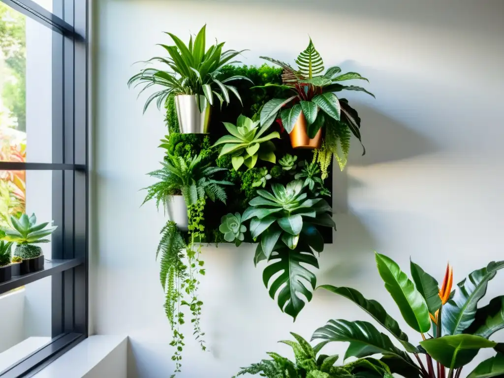 Jardín vertical interior bajo mantenimiento con plantas exuberantes en elegante entorno minimalista