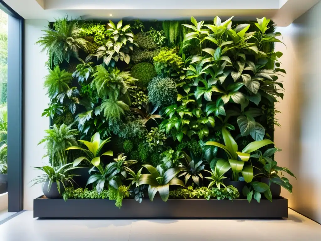 Un jardín vertical interior moderno y deslumbrante, con exuberante vegetación en contraste con un diseño minimalista