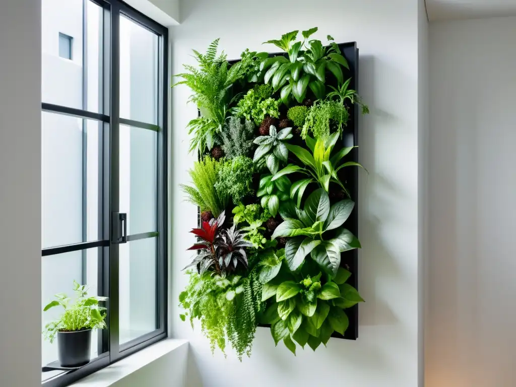 Un jardín vertical interior moderno y elegante con hierbas y vegetales en bolsillos individuales sobre un marco metálico negro