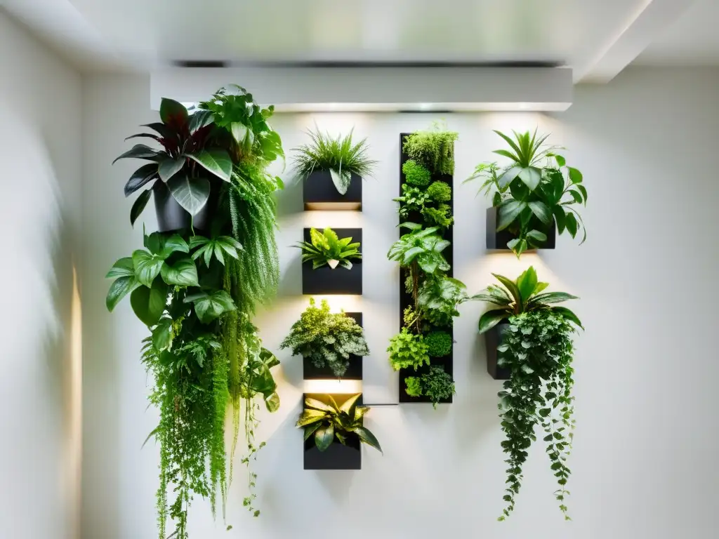 Un jardín vertical interior moderno y elegante con una variedad de exuberantes plantas verdes