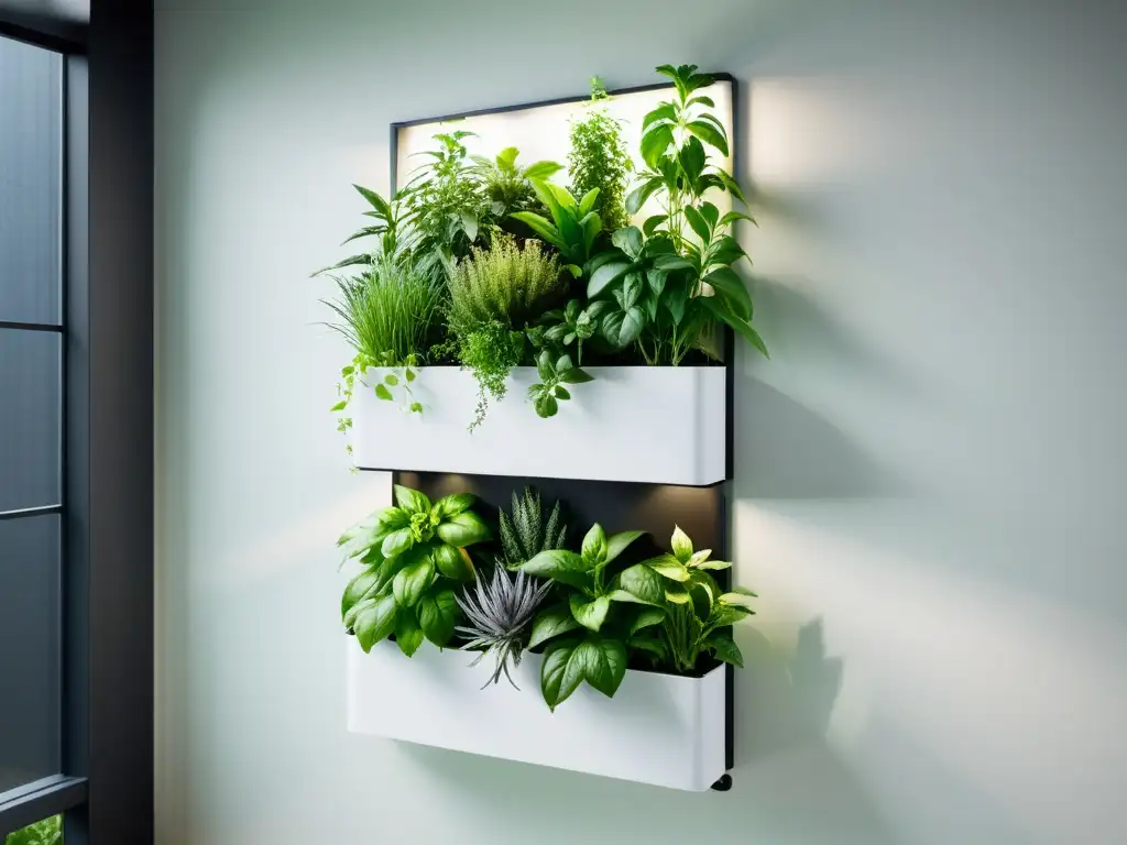 Un jardín vertical interior moderno y elegante con variedad de hierbas aromáticas como albahaca, menta y romero, bañado por luz natural