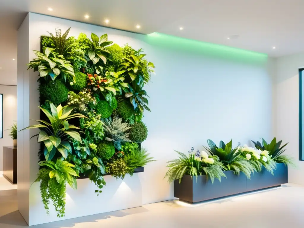 Un jardín vertical interior moderno y exuberante, con plantas en tonos verdes y flores, que brinda calma y vitalidad