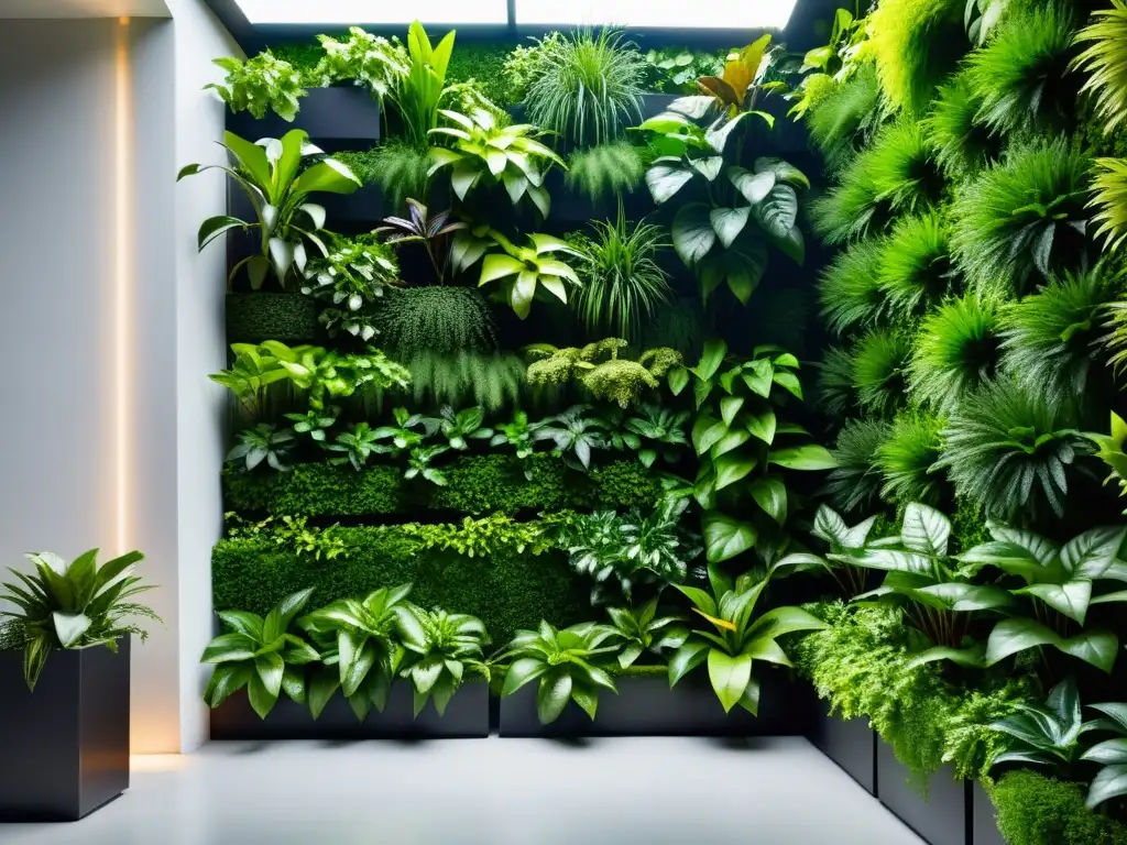 Un jardín vertical interior moderno y exuberante, detallado en 8k, transmite serenidad y beneficios para la salud mental