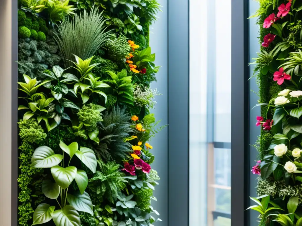 Un jardín vertical interior moderno con exuberante vegetación y flores vibrantes, destacando un diseño innovador con soluciones integradas de manejo de plagas