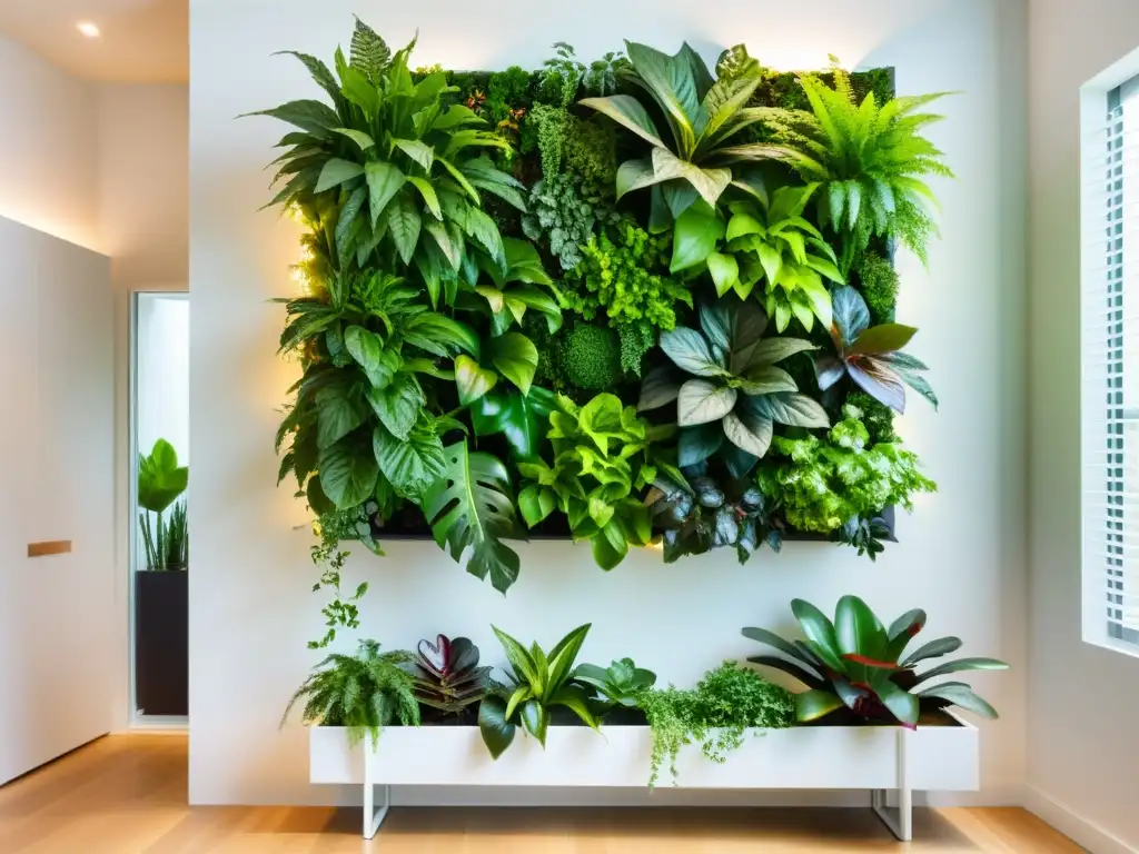 Un jardín vertical interior moderno con exuberante vegetación cubriendo una elegante pared blanca