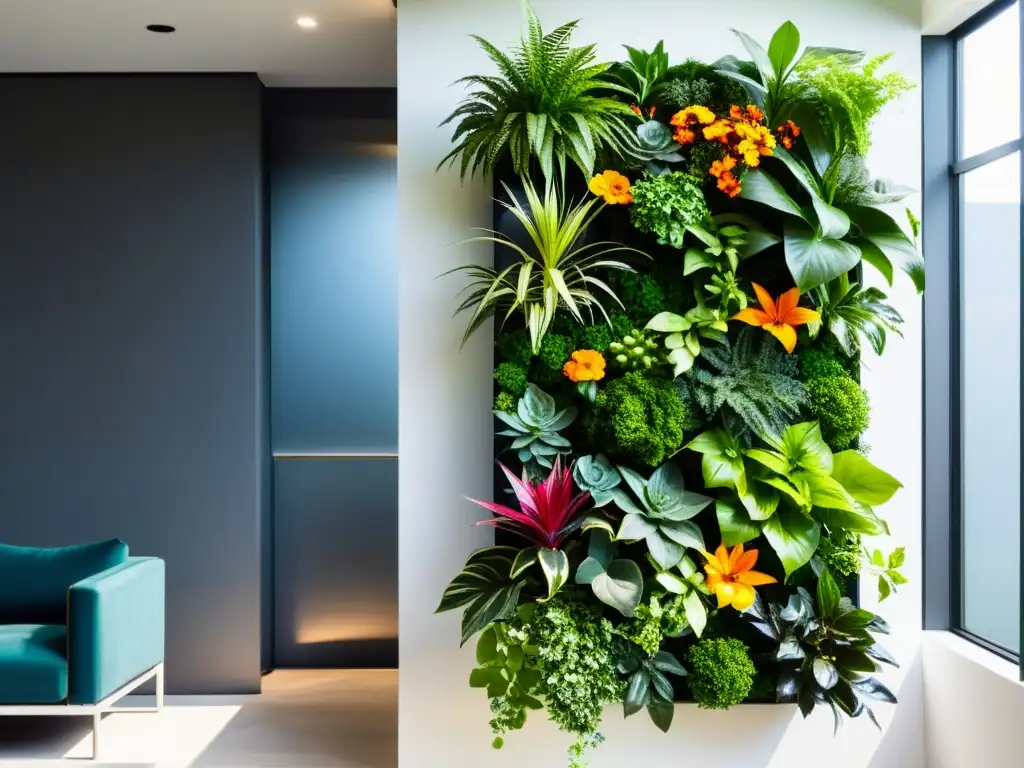 Un jardín vertical interior moderno y exuberante con plantas vibrantes en un elegante macetero minimalista