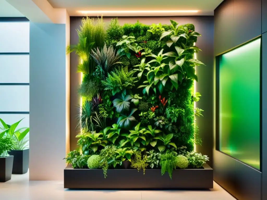 Un jardín vertical interior moderno y exuberante iluminado con LED