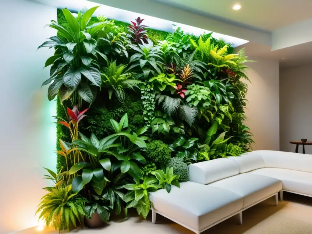 Un jardín vertical interior moderno con exuberante vegetación, iluminado con luces cálidas LED, creando un ambiente calmado y acogedor