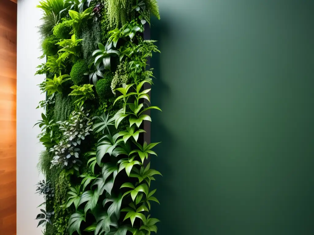 Un jardín vertical interior moderno con exuberantes plantas verdes en un diseño minimalista