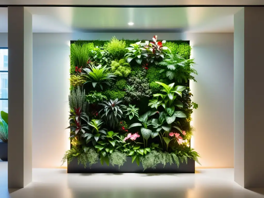 Un jardín vertical interior moderno iluminado por paneles LED, con exuberante vegetación y flores vibrantes, en un entorno de arquitectura minimalista