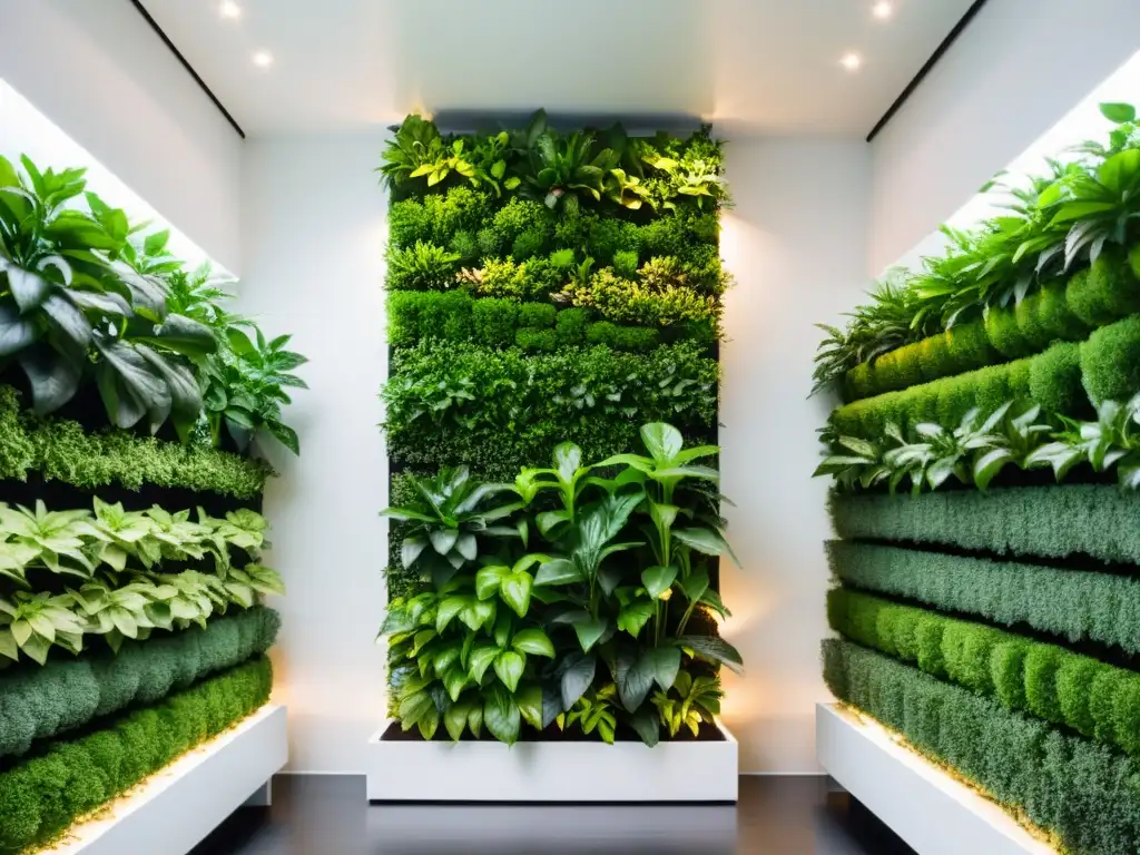 Un jardín vertical interior moderno iluminado con luz artificial, resaltando la exuberancia de las plantas