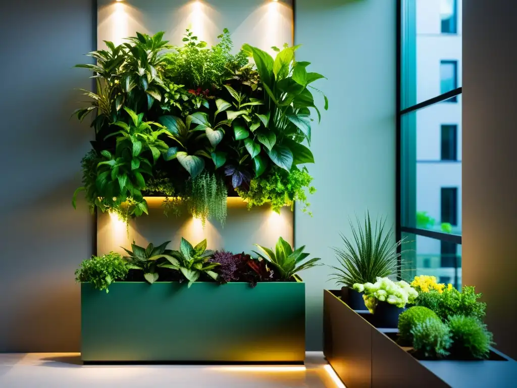 Un jardín vertical interior moderno y bien iluminado, con plantas exuberantes y organizadas en un sistema de macetas minimalista