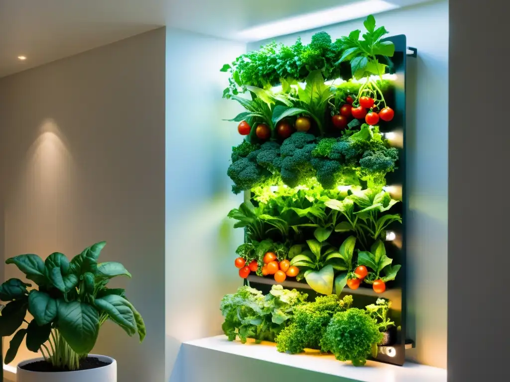 Un jardín vertical interior moderno iluminado por luces LED, con verduras orgánicas vibrantes