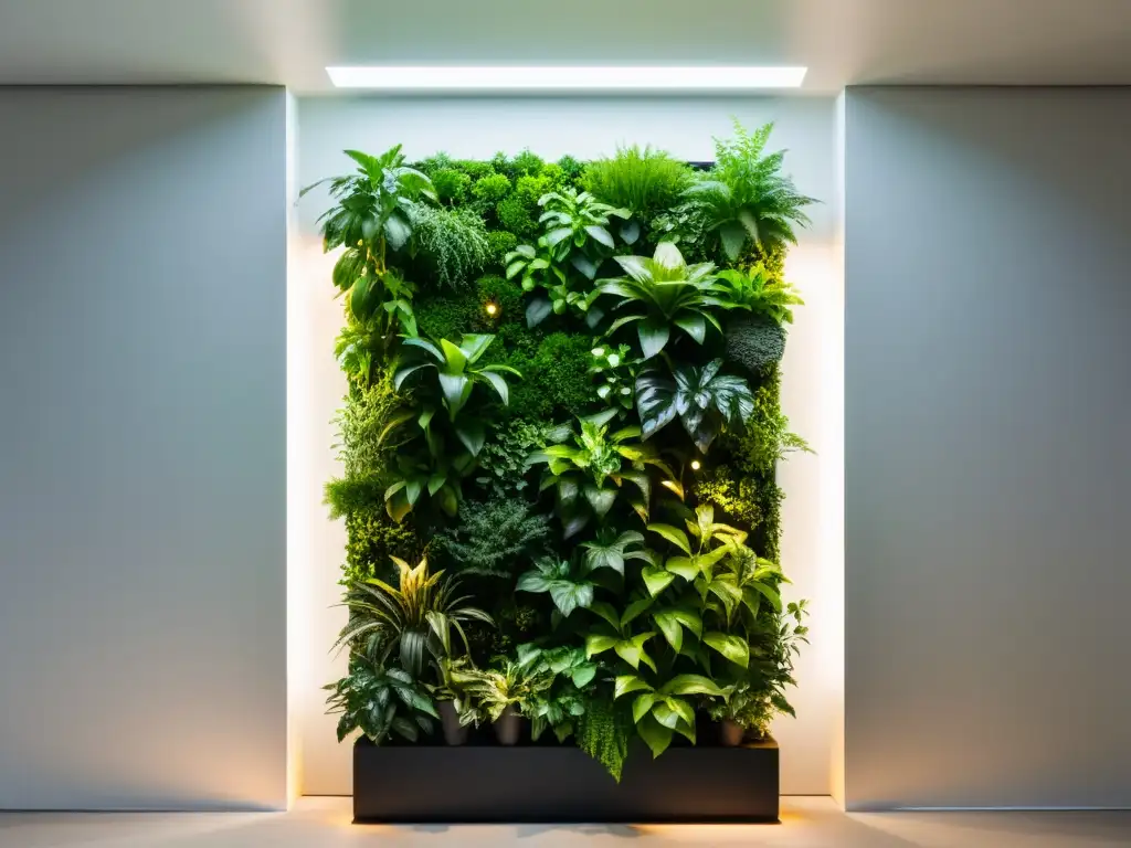 Un jardín vertical interior moderno iluminado con luces LED, creando un ambiente de tranquilidad natural