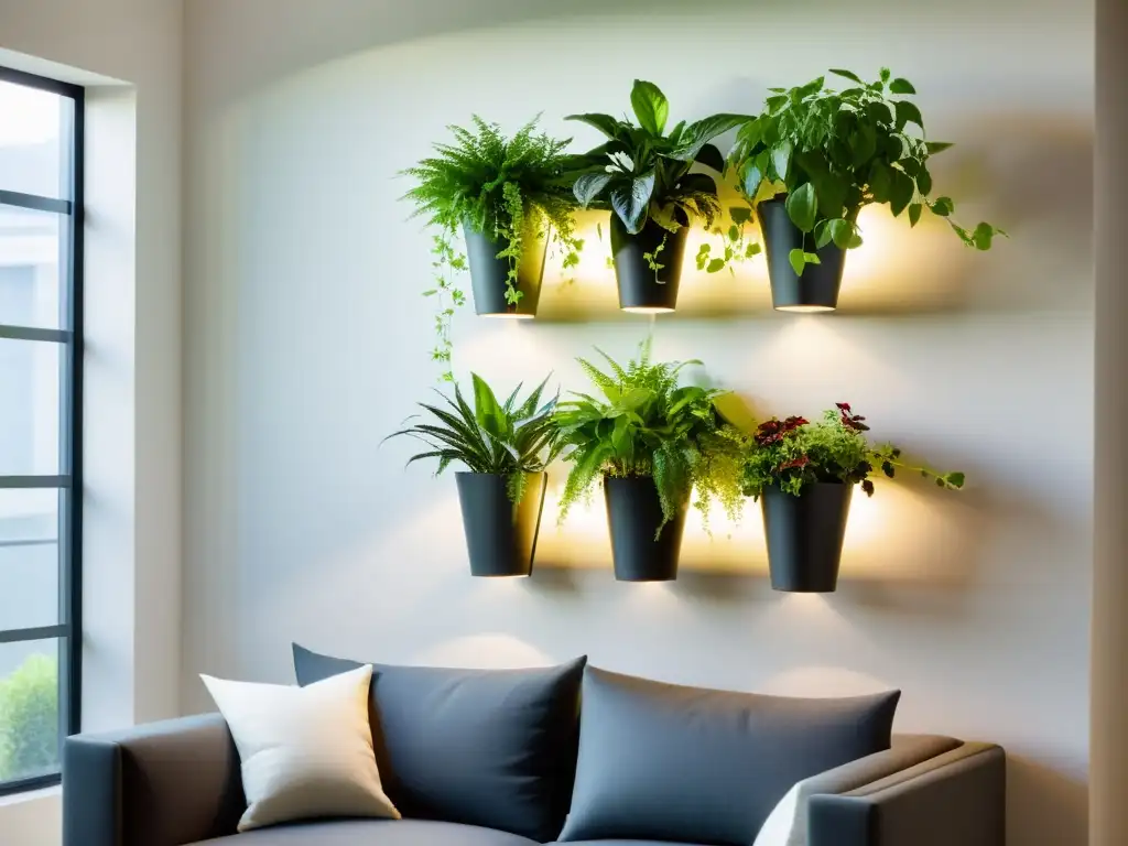 Un jardín vertical interior moderno con macetas minimalistas en una pared blanca, rebosante de plantas verdes y hierbas