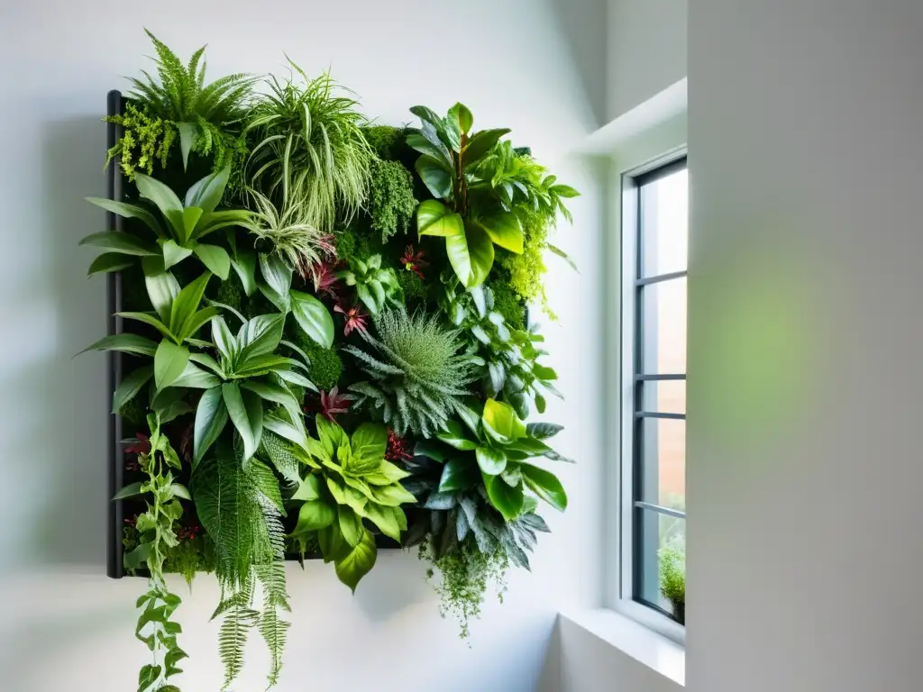 Un jardín vertical interior moderno con plantas exuberantes en macetas metálicas colgantes