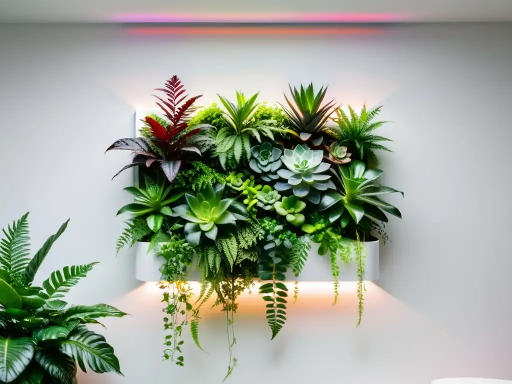 Instalación jardín vertical interior: Moderno jardín interior con plantas en macetas blancas en pared blanca, iluminado por LED cálido