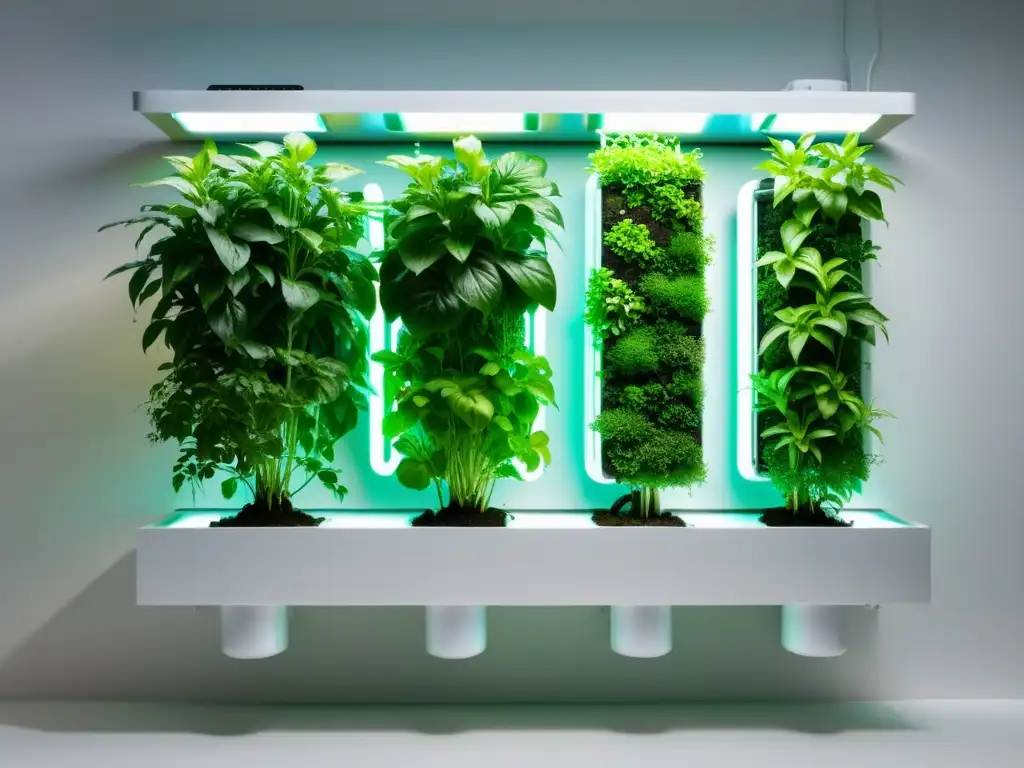 Un jardín vertical interior moderno con plantas verdes exuberantes en torres hidropónicas blancas