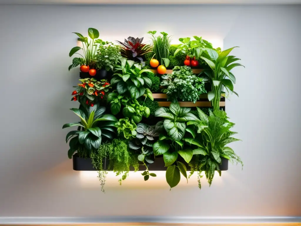 Un jardín vertical interior moderno con plantas exuberantes y frutas coloridas en macetas minimalistas contra una pared blanca