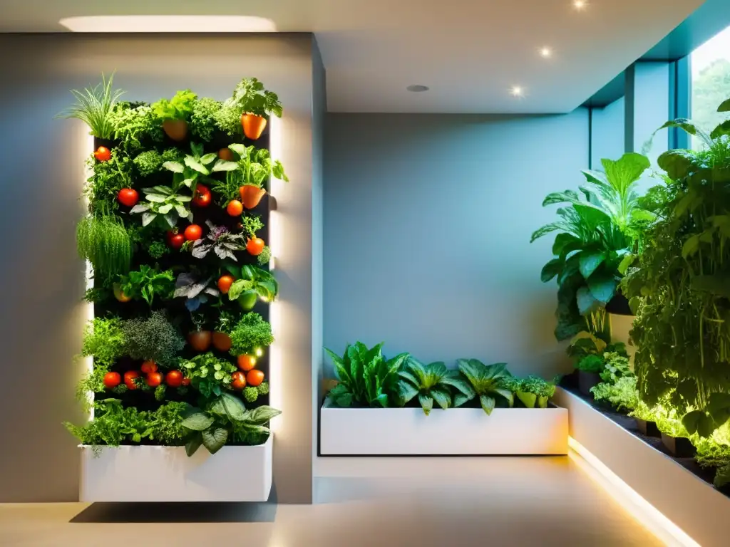 Un jardín vertical interior moderno con variedad de frutas y verduras vibrantes