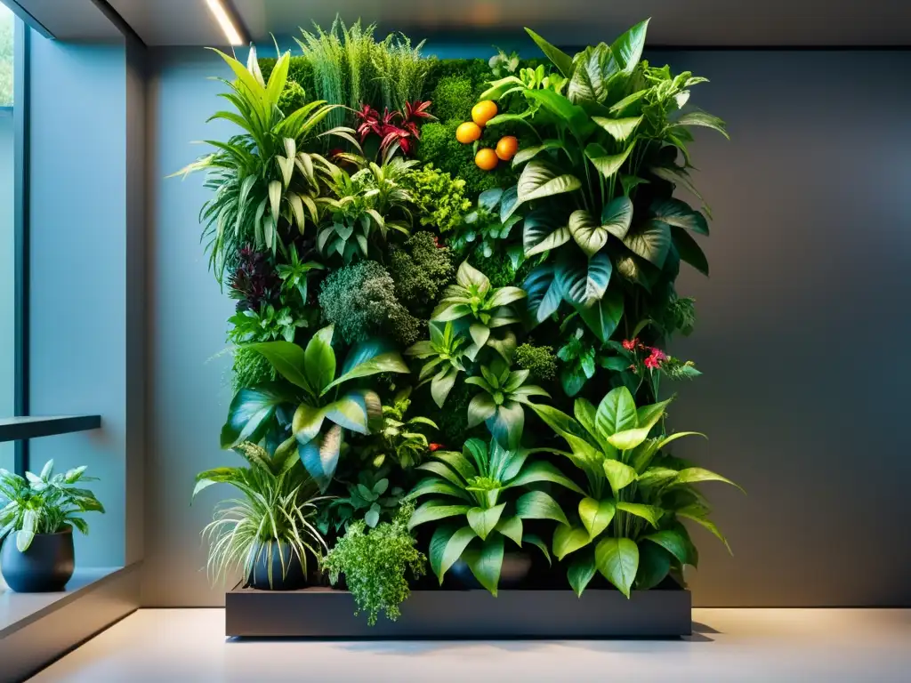 Un jardín vertical interior moderno y vibrante con plantas exuberantes, creando un ambiente elegante y sostenible