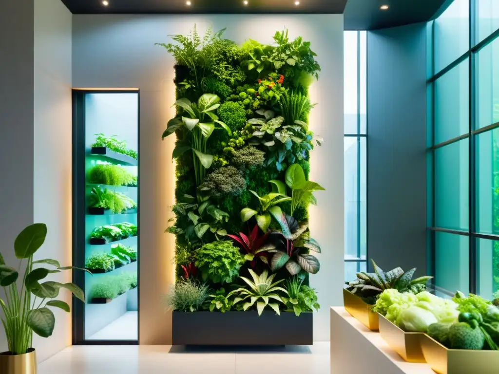 Un jardín vertical interior moderno y vibrante con cultivo de vegetales orgánicos, iluminado por luz natural suave