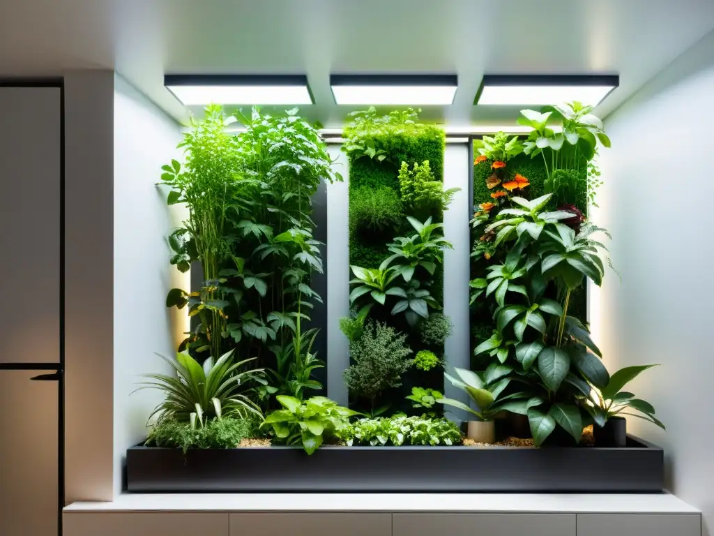 Un jardín vertical interior moderno y vibrante, reflejando la belleza y utilidad de la agricultura urbana en interiores