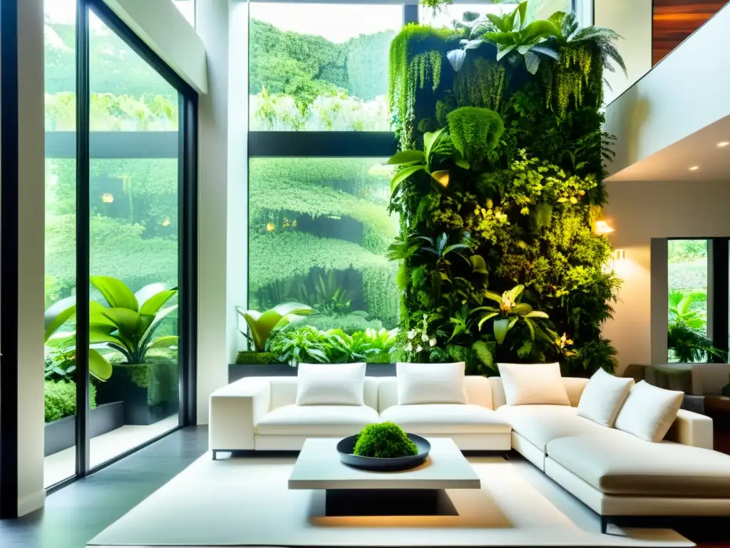 Jardín vertical interior con acuaponía, oasis urbano moderno con vegetación exuberante y luz natural suave