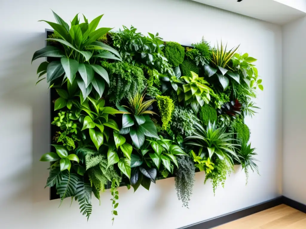 Un jardín vertical en decoración interior con plantas exuberantes en un diseño geométrico, fresco y vibrante