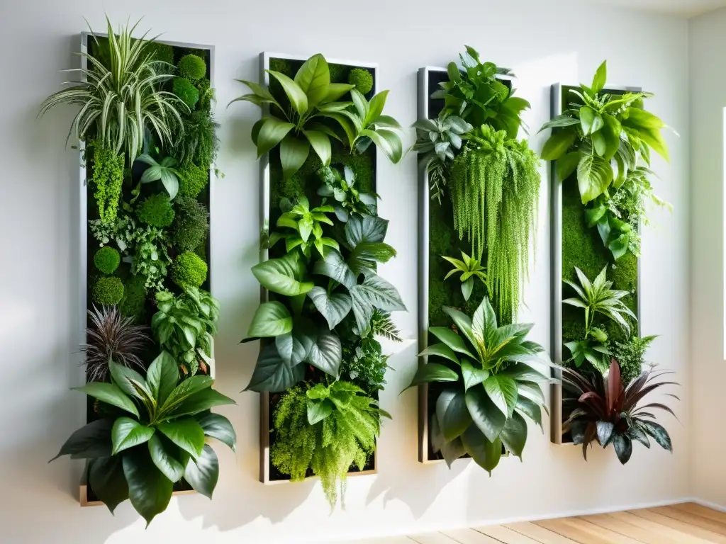 Jardín vertical interior con plantas vibrantes en elegantes maceteros metálicos, iluminado por luz natural