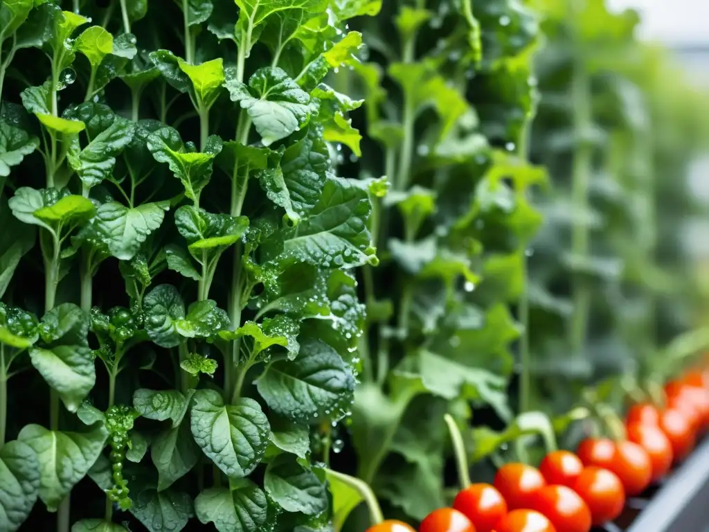 Un jardín vertical con lechugas vibrantes, tallos de kale y tomates cherry, reflejando la luz del sol en gotas de agua