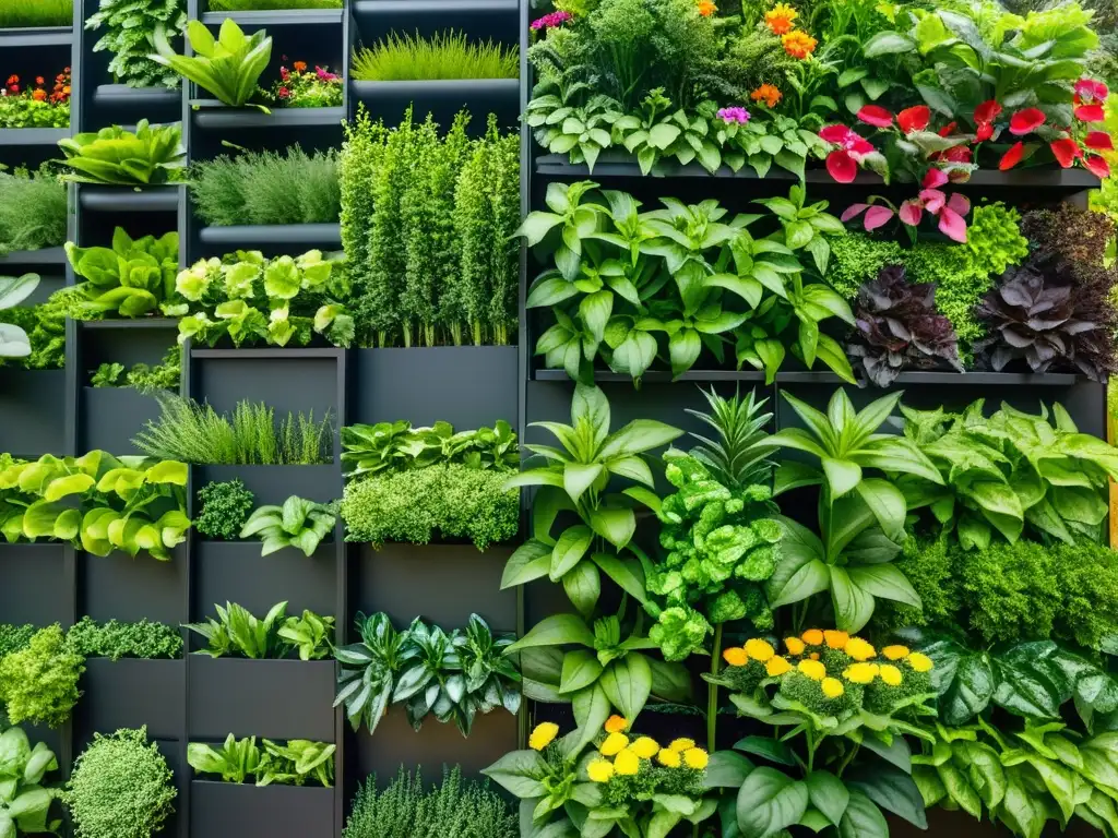 Un jardín vertical lleno de plantas exuberantes y flores