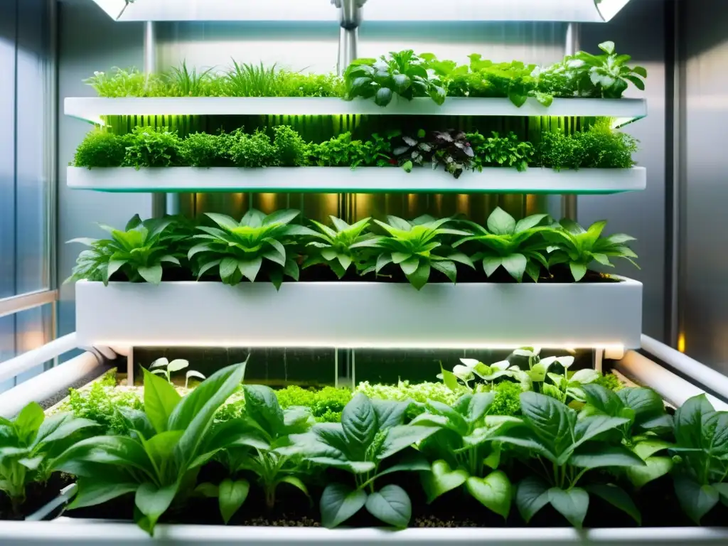 Un jardín hidropónico y acuapónico vertical, lleno de plantas exuberantes y peces vibrantes