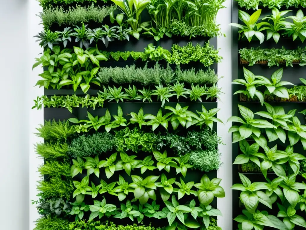 Un jardín vertical lleno de vida con cultivo de hierbas aromáticas en un diseño minimalista, bañado por luz natural