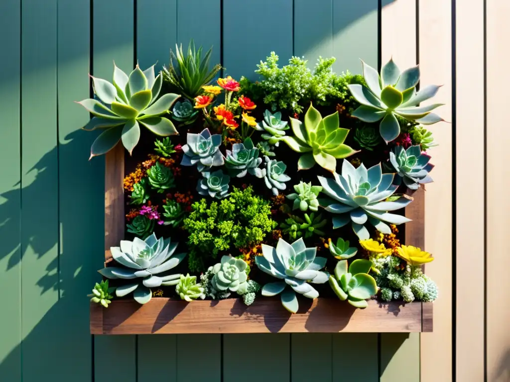 Un jardín vertical de madera y alambre metálico, lleno de suculentas verdes y flores coloridas