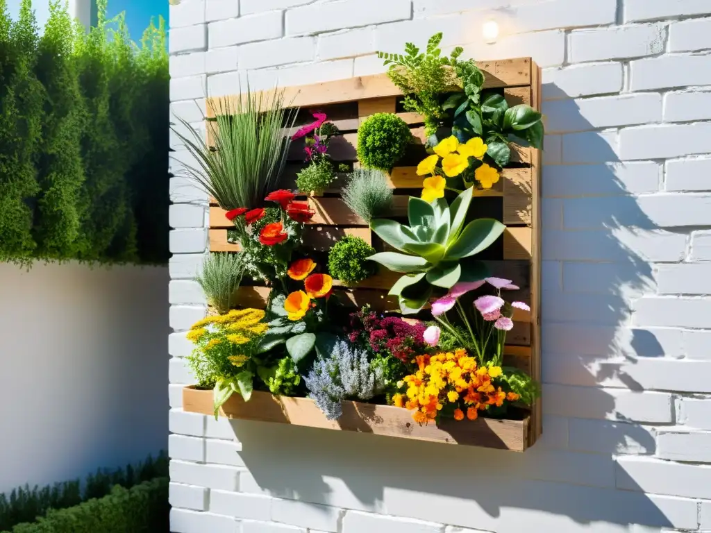 Jardín vertical de madera reciclada con plantas exuberantes y flores coloridas en una pared blanca, iluminado por el sol